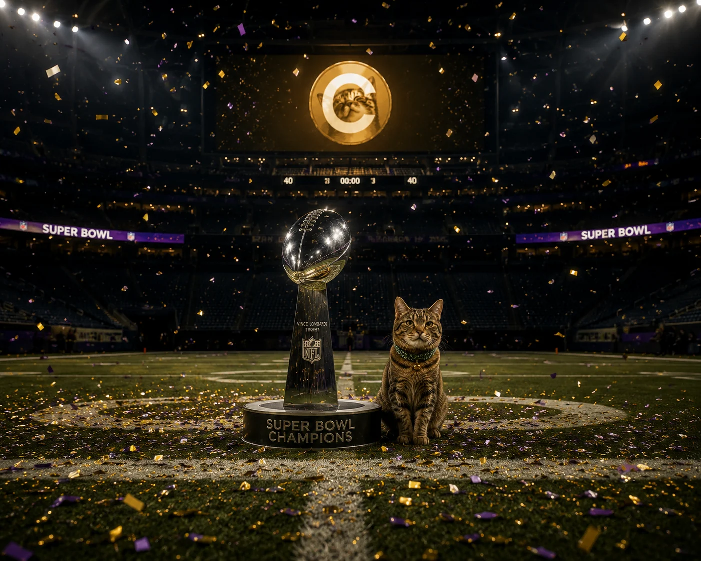 Cate celebrating a Super Bowl victory beside the Lombardi trophy